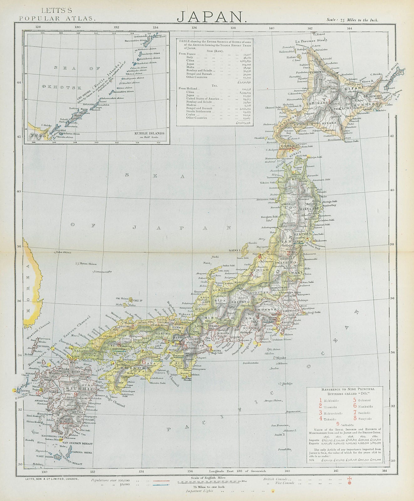 JAPAN. Lighthouses & British Consuls. Silk & tea exports. LETTS 1883 old map